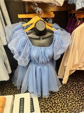 Women’s Puff-Sleeve Swiss Dot Dress in Light Blue